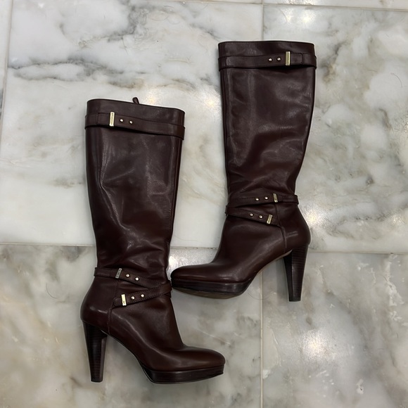 Cole Haan Nike Air Knee High Boots. SZ 7. Dark Brown. 4 in heels. Brass detail. - Picture 4 of 15